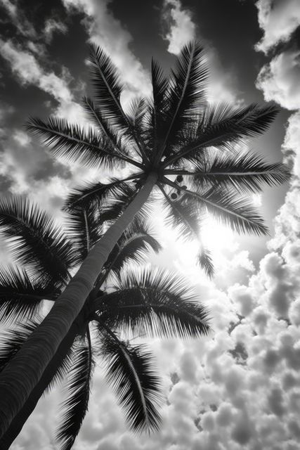 Multiple palm trees and clouds on sky in black and white, created using generative ai technology. Palm trees, wallpaper pattern and exotic nature concept digitally generated image.
