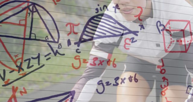 Image of handwritten mathematical equations recording over woman cycling in the background. Technology digital data processing measuring concept digital composite.