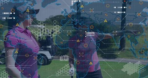 Female Golfers Pointing on Tee with Digital HUD Overlay and Golf Cart