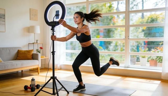 Recording sunlit home workout with fitness influencer using ring light, phone, tripod