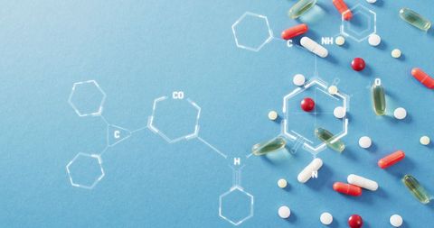 Chemical structures with pills representing pharmaceutical innovation