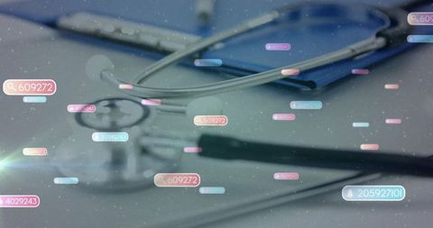 Digital healthcare concept with stethoscope and floating data icons