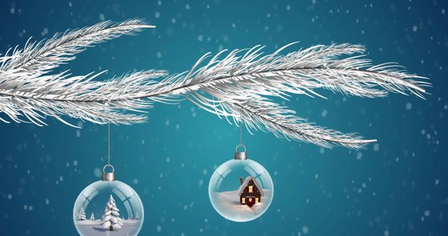 Beautiful Snow Falling Over Solitary Christmas Tree Branch With Gentle Baubles - Download Free Stock Images Pikwizard.com