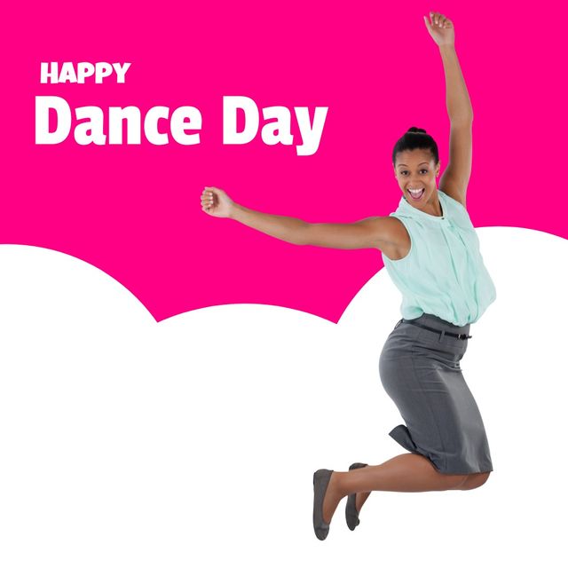 Happy dance day text over pink banner over african american woman dancing against white background - Download Free Stock Videos Pikwizard.com