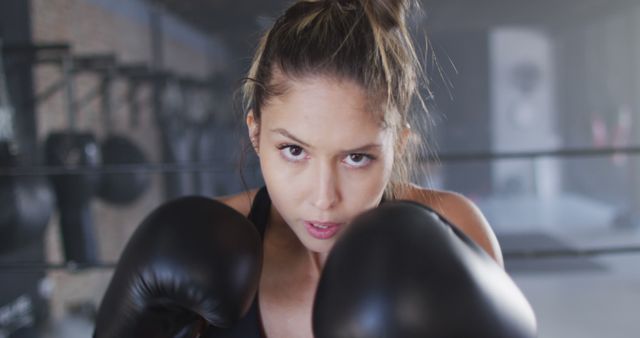 Young woman in boxing attire intensely focused, standing in a boxing stance with gloves up. Ideal for content on fitness motivation, women's sports, health and wellness campaigns, athletic training, and combat sports promotion.