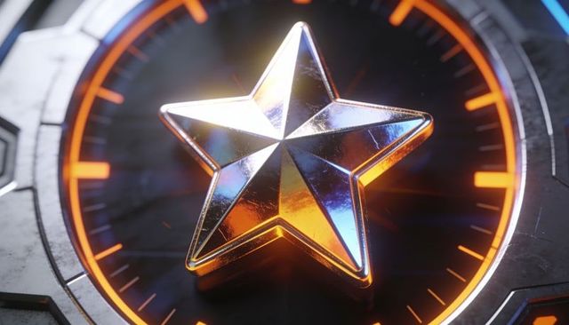 Glinting chrome star emblem sitting on futuristic orange neon gauge, scratched metal