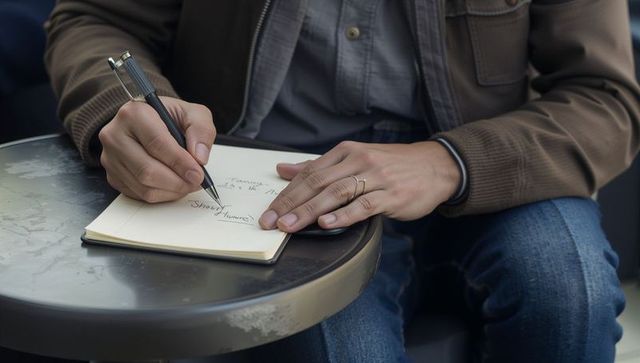 Close-up hands writing in notebook on worn cafe table with black pen and gold ring