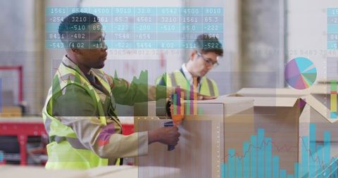 Sealing boxes with tape dispenser, logistics analytics visualizing packing performance