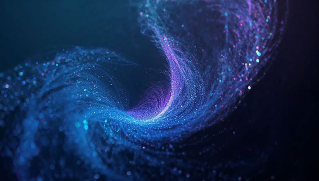 Swirling Particle Vortex Tunnel in Blue and Purple, Abstract Cosmic Spiral Background