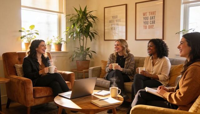 Women chatting over coffee in cozy office lounge with laptop and notebooks for teamwork