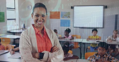 Smiling Teacher in Busy Classroom with Graph Overlay