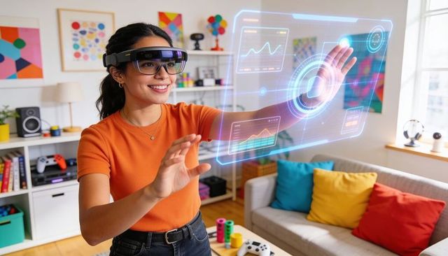 Woman wearing ar headset interacting with holographic interface in bright cozy living room