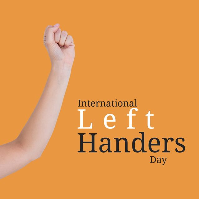 Caucasian woman raising left hand and international left handers day text on orange background. Composite, copy space, unique, lefty, problems, celebration and awareness concept.