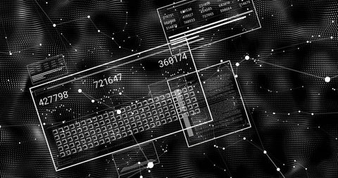 Rotating Data Panel with Keyboard Grid and Numeric Overlays in Abstract Digital Network