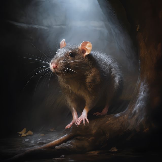 Detailed image of a curious rat exploring a dimly lit tunnel. The rat's whiskers and fur are highlighted by the subtle light, creating an atmospheric and somewhat mysterious ambiance. Ideal for use in wildlife documentaries, educational materials, or creative projects related to animal behavior and habitats.