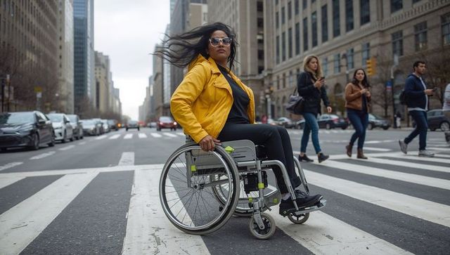 Confident woman in wheelchair crossing urban crosswalk wearing yellow jacket