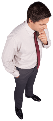 Transparent background: thinking businessman touching chin in contemplation