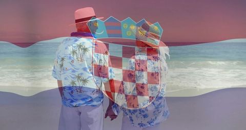 Senior couple holding hands on sunset beach with croatian flag romantic double exposure