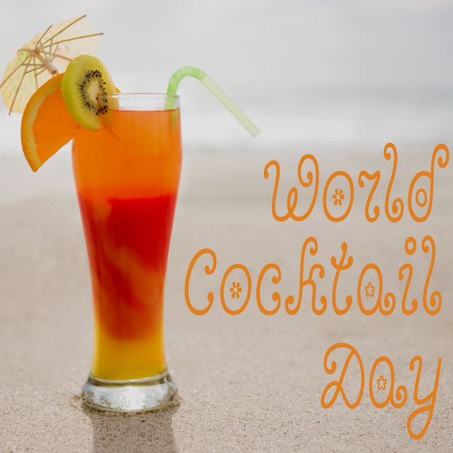 Tropical Cocktail Drink Celebrating World Cocktail Day on Sandy Beach - Download Free Stock Templates Pikwizard.com