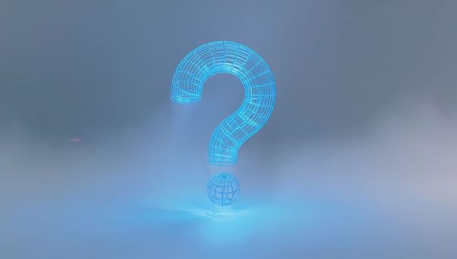 Glowing Cyan Wireframe Question Mark Hovering Above Reflective Surface Futuristic Hologram