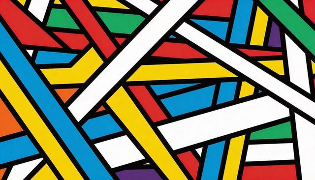 Colorful geometric lattice of overlapping interlocking bands with bold black outlines