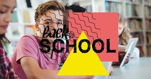 Diverse Schoolchildren Studying in Classroom with Back to School Text