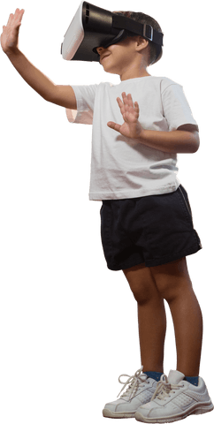 Boy interacting with virtual reality in transparent background
