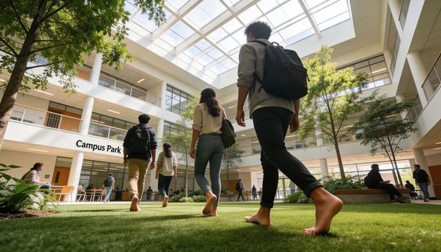 Students walking barefoot across sunlit campus atrium with indoor lawn and skylight