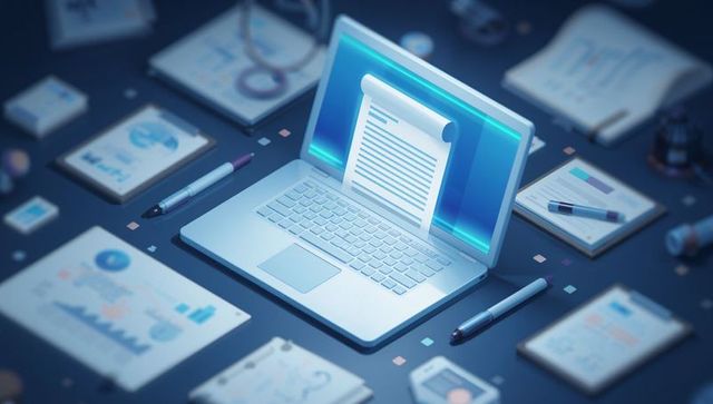 Minimalist blue laptop displaying digital document scroll with neon glow for productivity