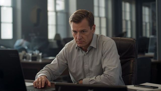 Focused Corporate Executive Concentrating on Laptop at Modern Office Desk with Papers