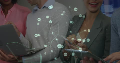 Diverse Professionals Engaging with Digital Networking Interface