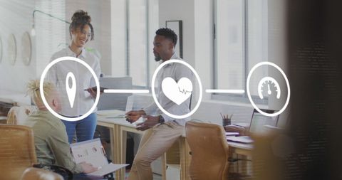 Coworkers Discuss Strategy with Futuristic Interface Overlay