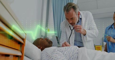 Doctor with Stethoscope Examining Resting Patient in Hospital Room