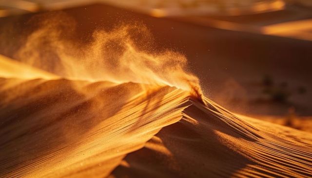 Golden dune crest casting sand plume at sunrise, wind-sculpted ripples and warm backlight