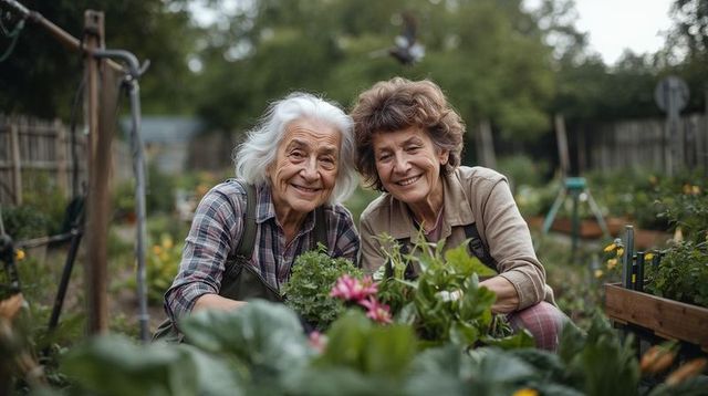 Two senior women kneeling in garden tending raised planters with flowers and vegetables