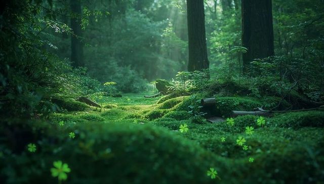Mossy forest floor glowing with sunbeams and clover in tranquil green woodland clearing