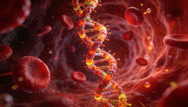 Glowing dna double helix drifting inside blood vessel with floating red blood cells