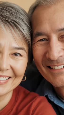 Smiling senior couple sharing closeup vertical video, leaning and showing affection