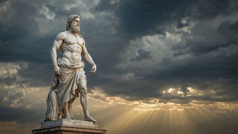Dramatic zeus marble statue with radiant sunbeams against stormy sky