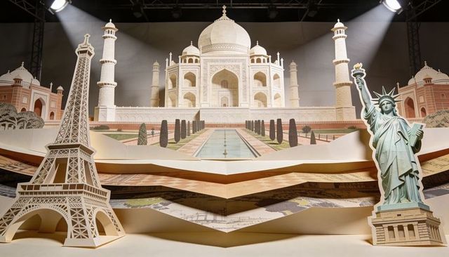 Paper monuments featuring taj mahal, eiffel tower, statue of liberty in layered diorama