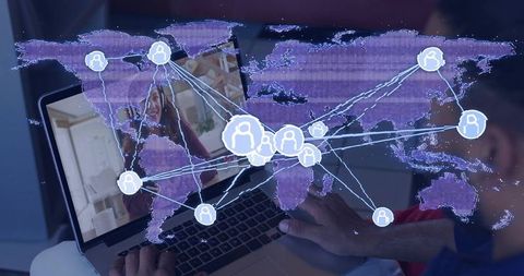 Remote Team Collaborating Worldwide on Laptop with Network Overlay during Video Call