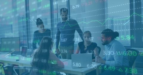 Diverse Colleagues Analyzing Financial Data Overlay in Modern Office - Download Free Stock Images Pikwizard.com