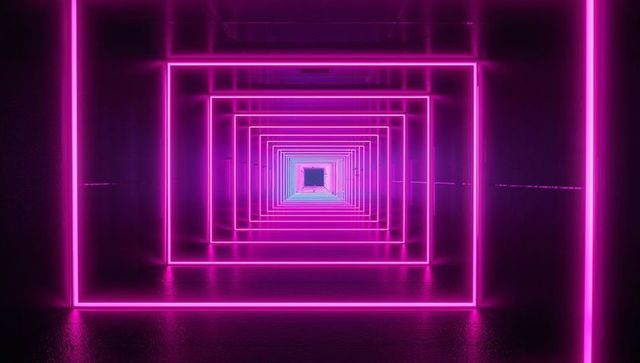 Futuristic neon corridor with infinite magenta frames