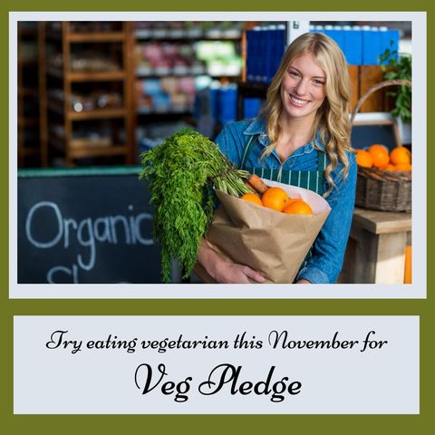 Smiling Woman Promoting Vegetarian Awareness With Grocery Bag - Download Free Stock Templates Pikwizard.com