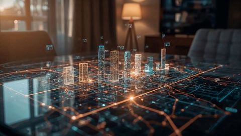 Digital Holographic City Model Projected in Modern Lounge