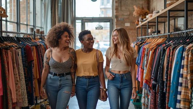 Three friends walking and laughing while shopping in sunlit boutique with casual outfits