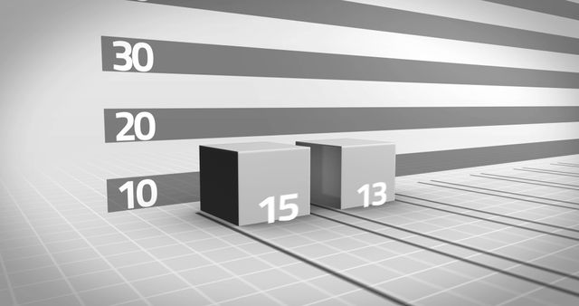 Two 3D bars are displayed in a monochrome style, representing numerical data points of 15 and 13. Suitable for business presentations, data analysis reports, and statistical comparisons.