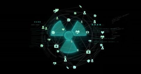 Futuristic Digital Network with Radiation Symbol and Medical Icons