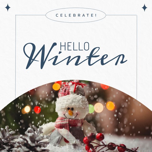 Composite of celebrate hello winter text and close-up of snowman with pinecones and cheery on snow. Christmas, holiday, greeting, nature, cold temperature and season concept.