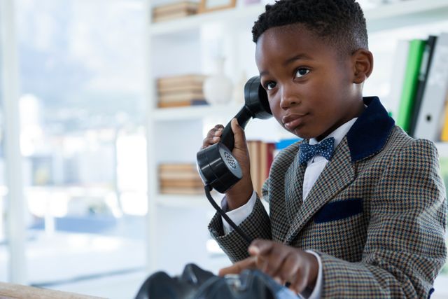 Young Boy in Suit Talking on Vintage Telephone in Office - Download Free Stock Photos Pikwizard.com
